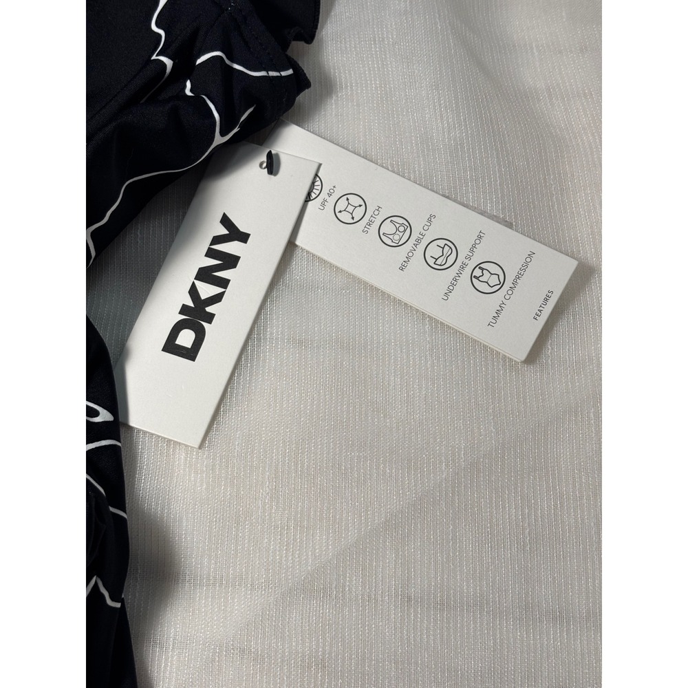 DKNY Medium One Piece Swimsuit Womens Black White Ruffle Shoulder DIMMS731 - Picture 4 of 7